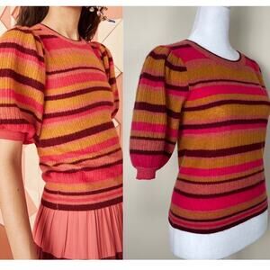 Ulla Johnson Ramia Striped Short Sleeve Sweater Womens Small Cerise Cashmere